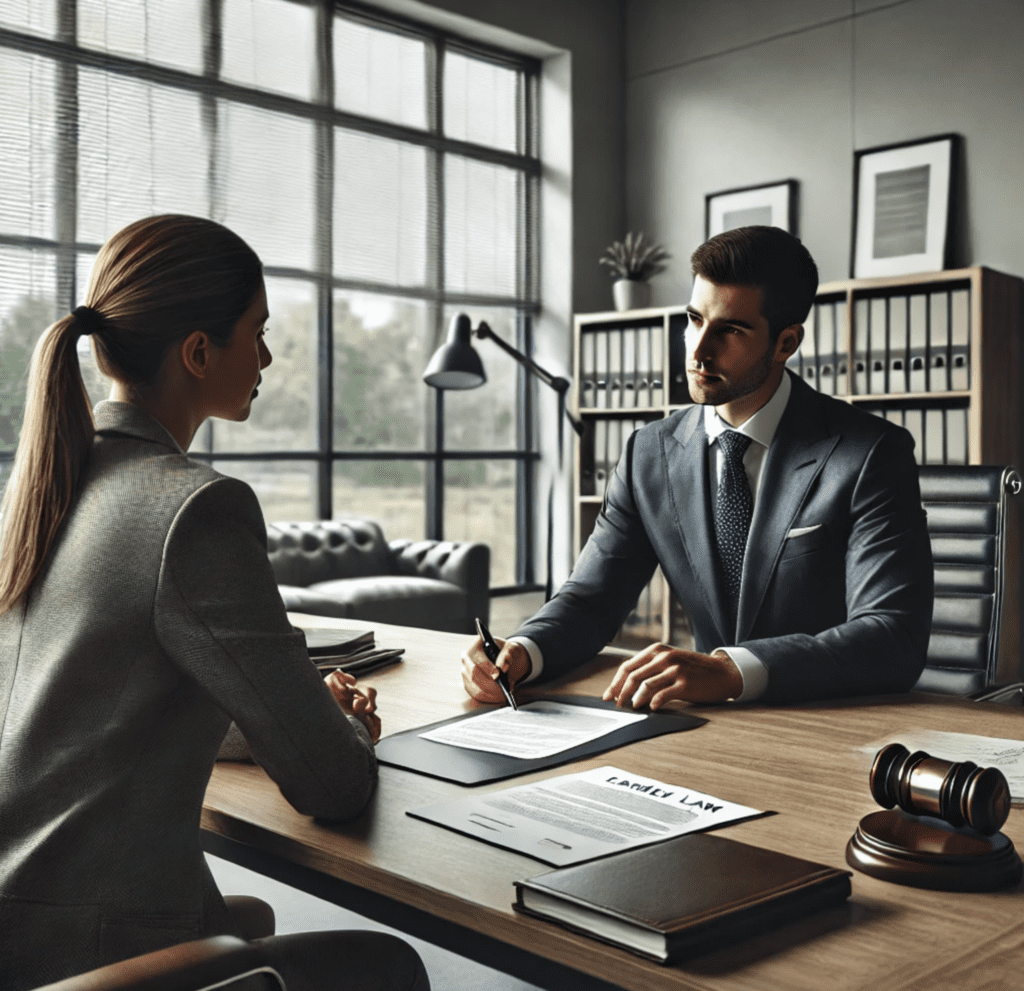 A professional consulting with a family law attorney in Texas about divorce and asset protection, seated in a modern, professional office.